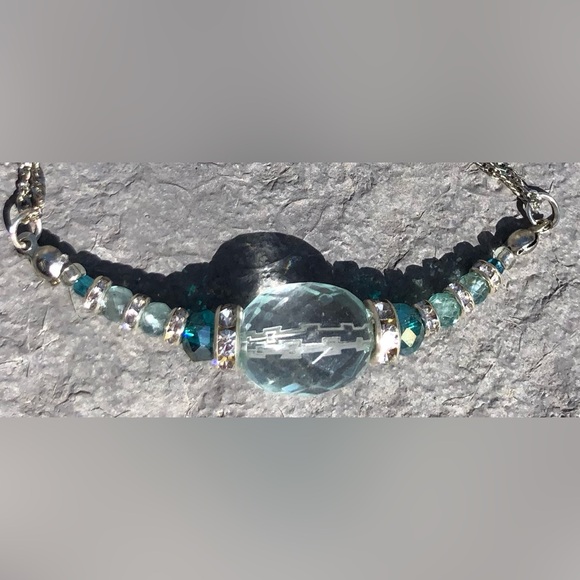 HAND CRAFTED necklace earring gift set Blue Silver upcycled clear glass beads - Picture 4 of 14